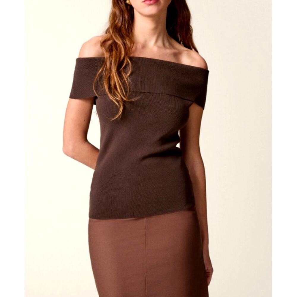 Rouje Women's Taupe Pull Sunitha Uni Short Sleeve Bardot Collar Sweater Size 34